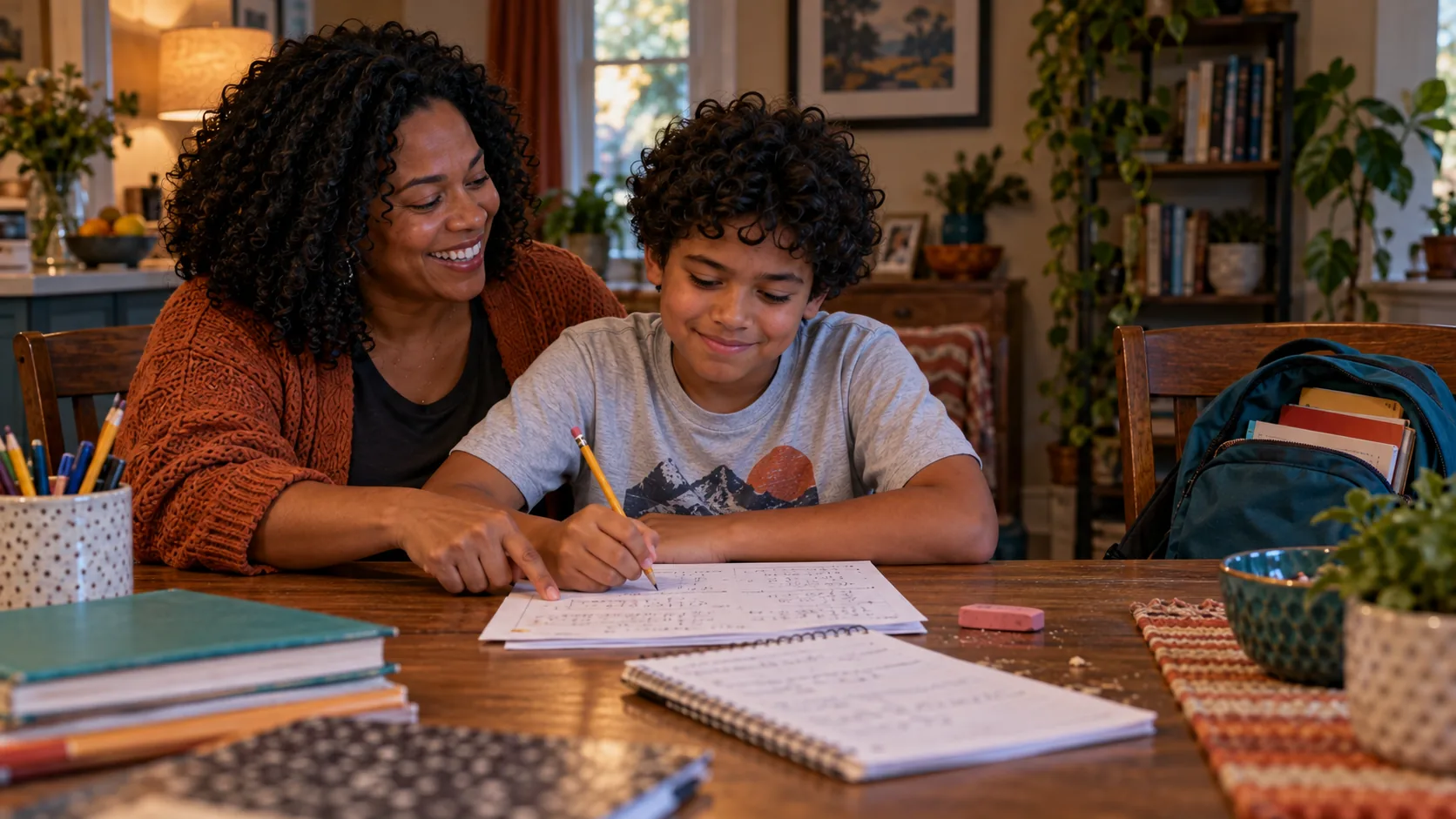 The same boy centered at the homework table, smiling as his mother helps from the chair beside him.
