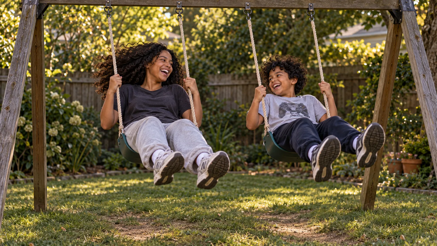 The movie-night siblings laughing high in the forward arc of backyard swings, legs extended and curls lifting in the breeze.